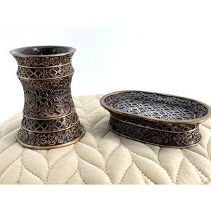 Victorian Lattice Style Wooden Soap Dish & Tumbler Matching Set Old European